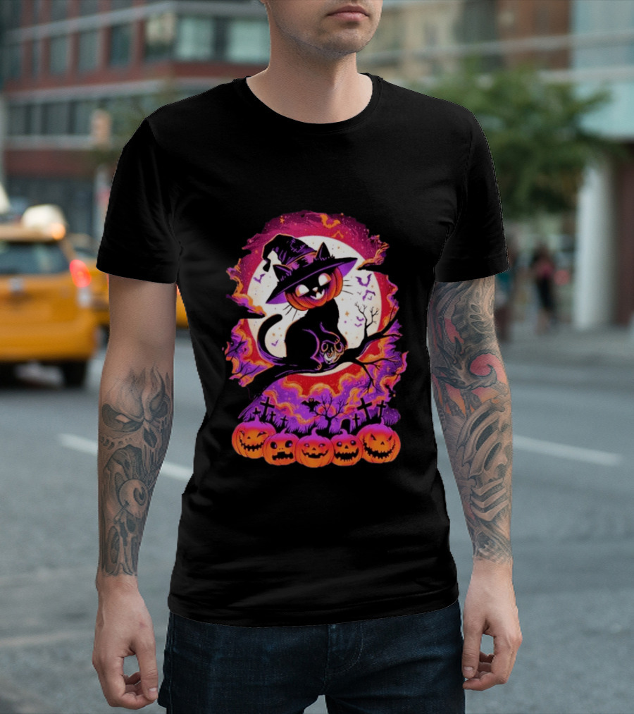 Halloween Cat O'Lantern Witch Hat Spooky Jack O' Lanterns Graveyard Scene T-Shirt