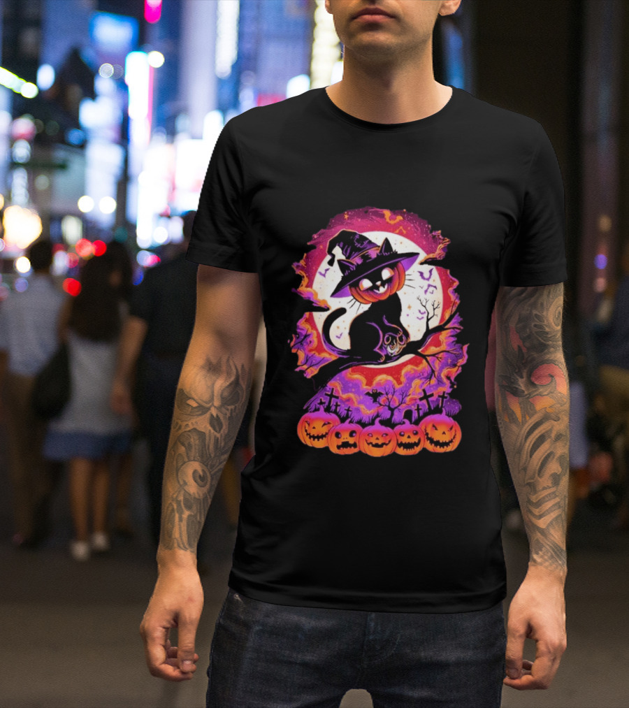 Halloween Cat O'Lantern Witch Hat Spooky Jack O' Lanterns Graveyard Scene T-Shirt