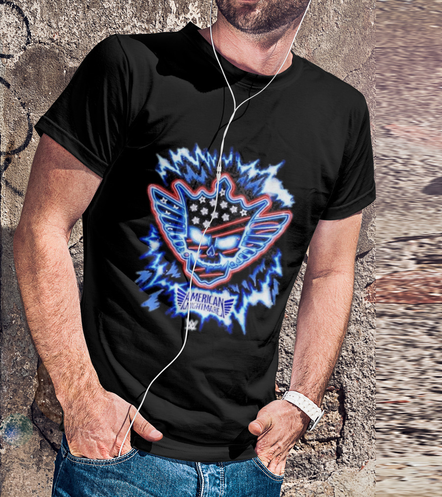 Cody Rhodes WWE American Nightmare Skull Logo With Stars And Stripes Electric Blue T-Shirt