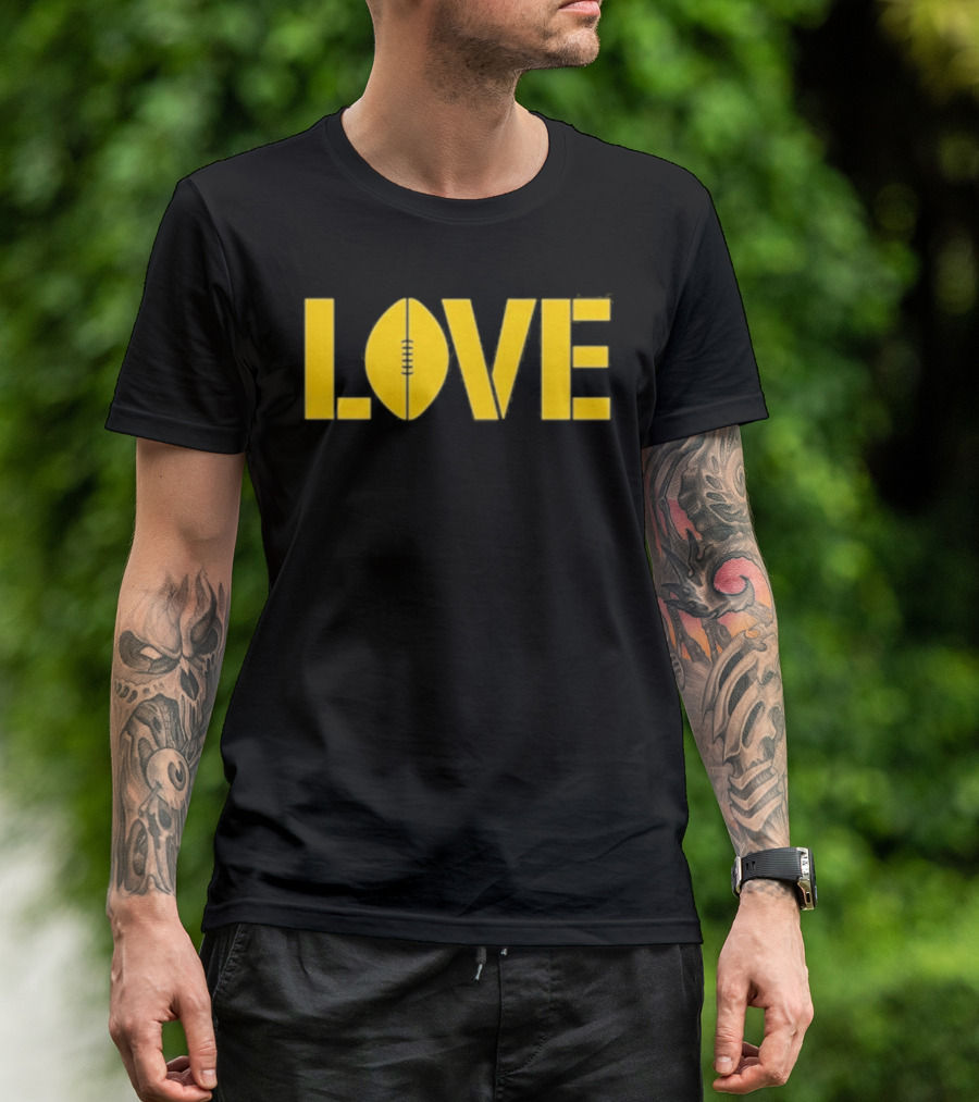 Love Football Yellow Text With Football Shaped O T-Shirt
