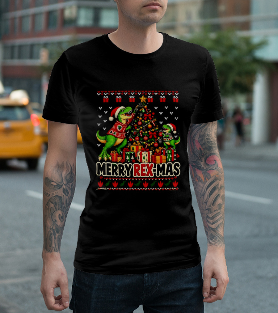 Merry Rex Mas Rex Dinosaur Christmas Tree Santa Hats T-Shirt