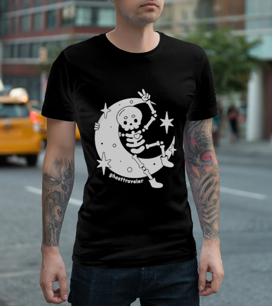 Ghosttraveler Skeleton On The Moon With Stars Spooky Halloween T-Shirt
