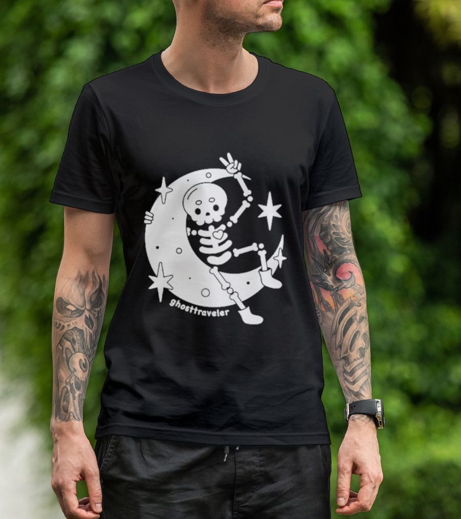 Ghosttraveler Skeleton On The Moon With Stars Spooky Halloween T-Shirt