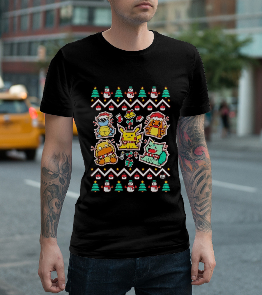 Pokemon Christmas Pikachu Charmander Snorlax Psyduck Holiday Sweater Characters T-Shirt