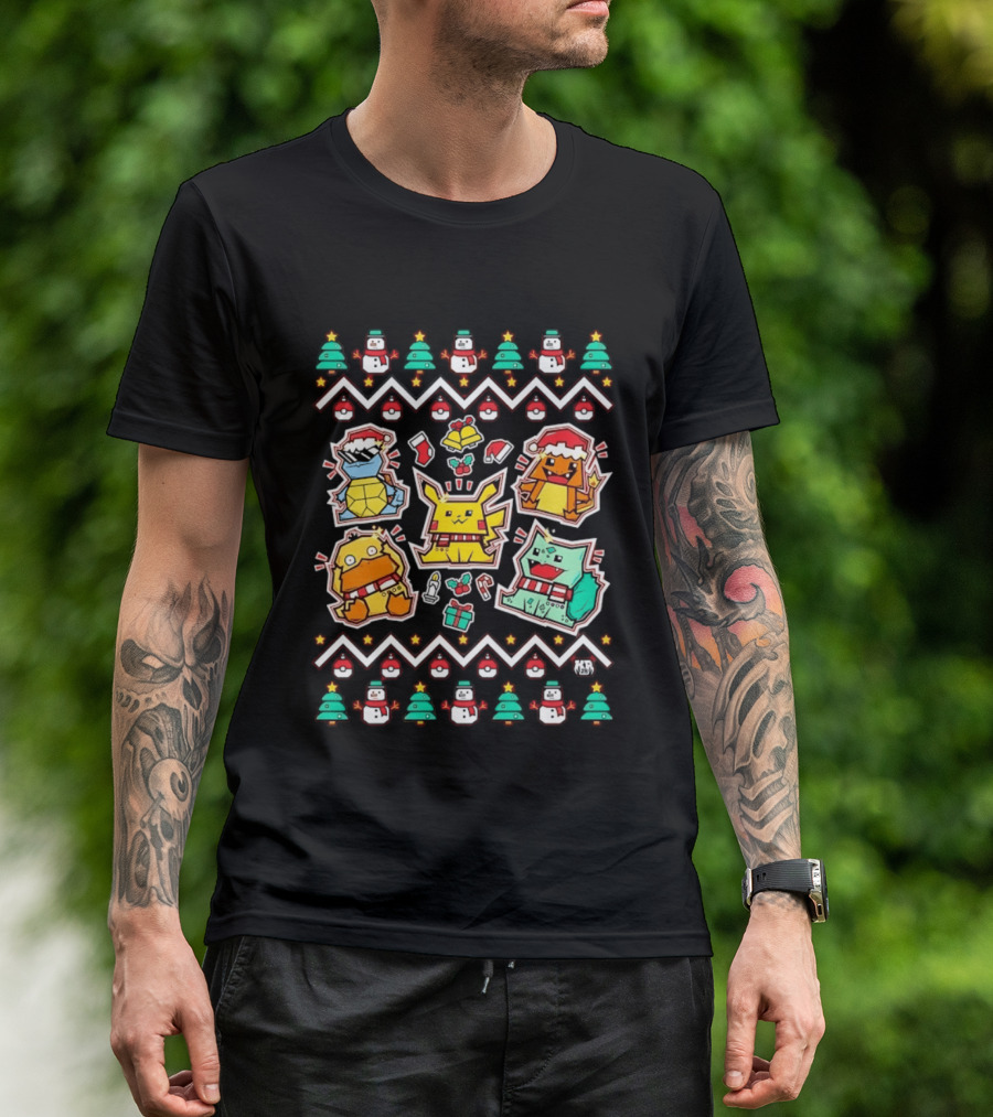 Pokemon Christmas Pikachu Charmander Snorlax Psyduck Holiday Sweater Characters T-Shirt