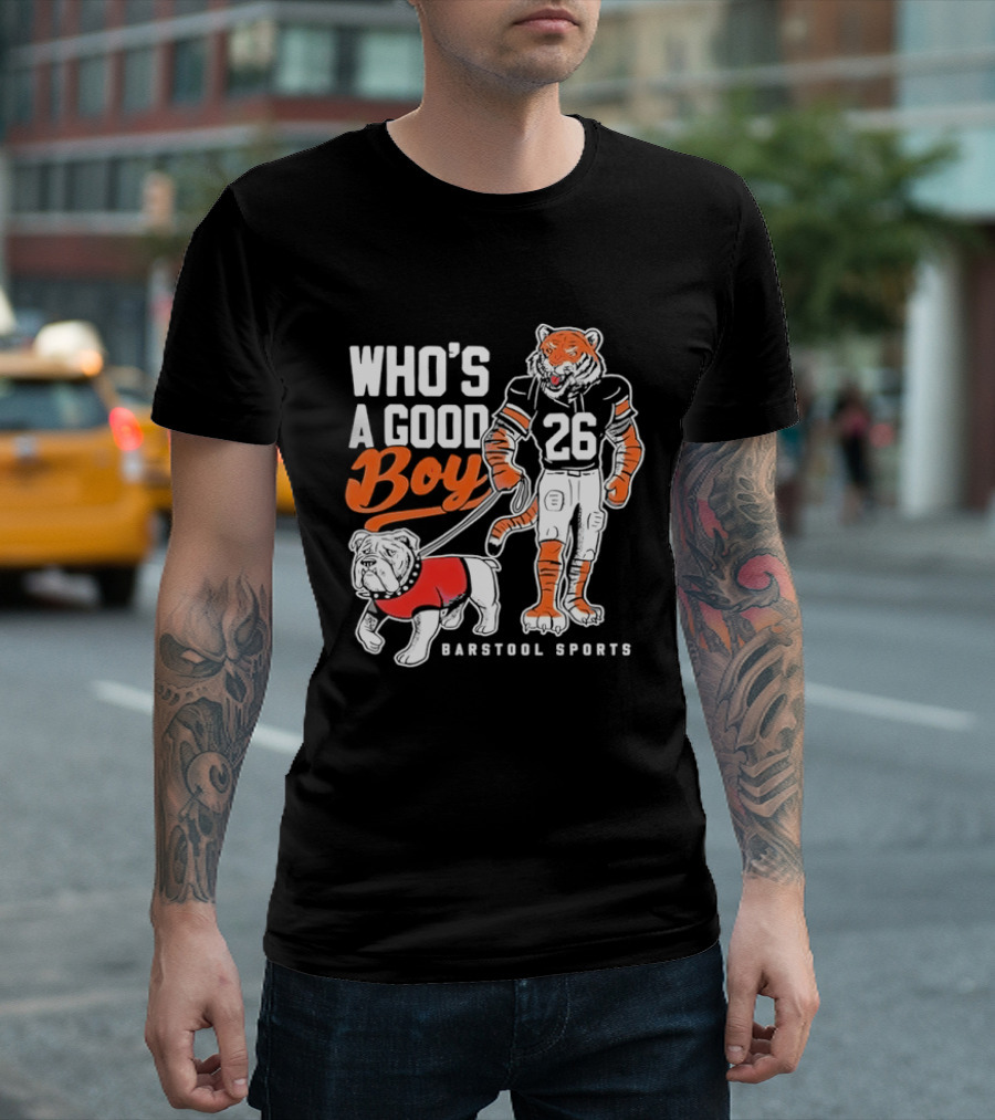 Who's A Good Boy Barstool Sports Tiger 26 Football Player Bulldog T-Shirt