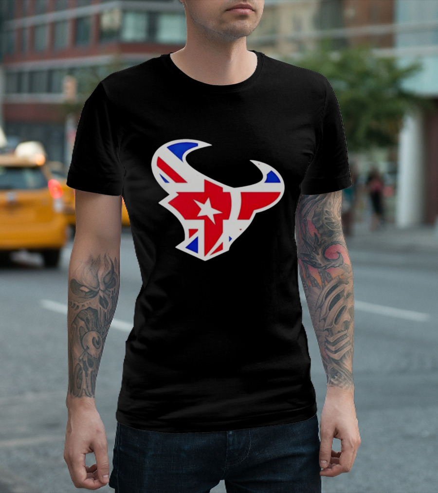 2026 Houston Texans London Game Union Jack Bull Football Event T-Shirt