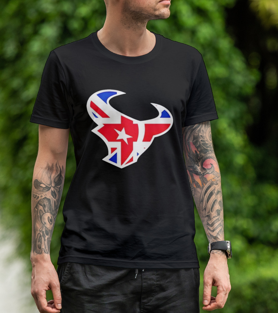 2026 Houston Texans London Game Union Jack Bull Football Event T-Shirt