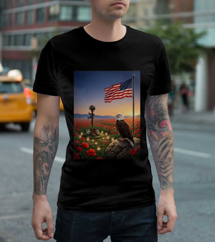 Battlefield Cross American Flag Eagle Honor Our Fallen Heroes Poppy Field T-Shirt