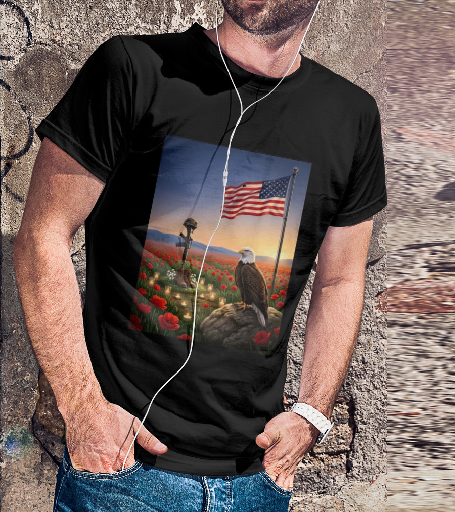 Battlefield Cross American Flag Eagle Honor Our Fallen Heroes Poppy Field T-Shirt