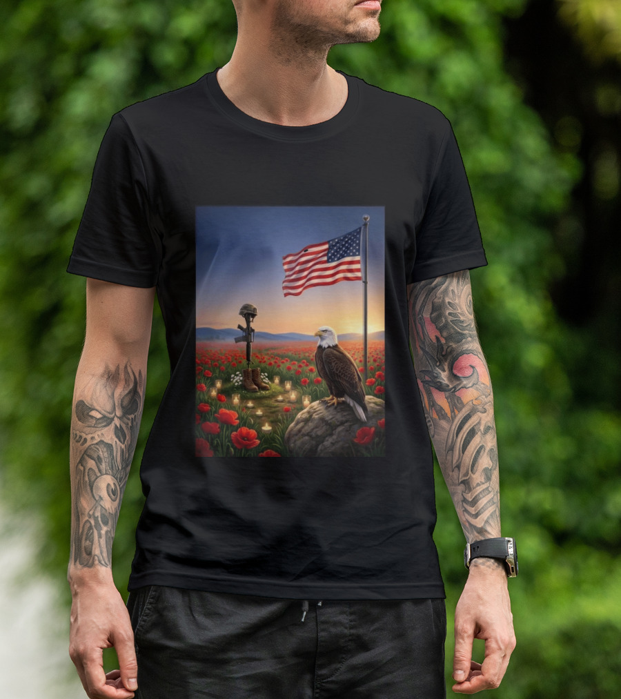 Battlefield Cross American Flag Eagle Honor Our Fallen Heroes Poppy Field T-Shirt