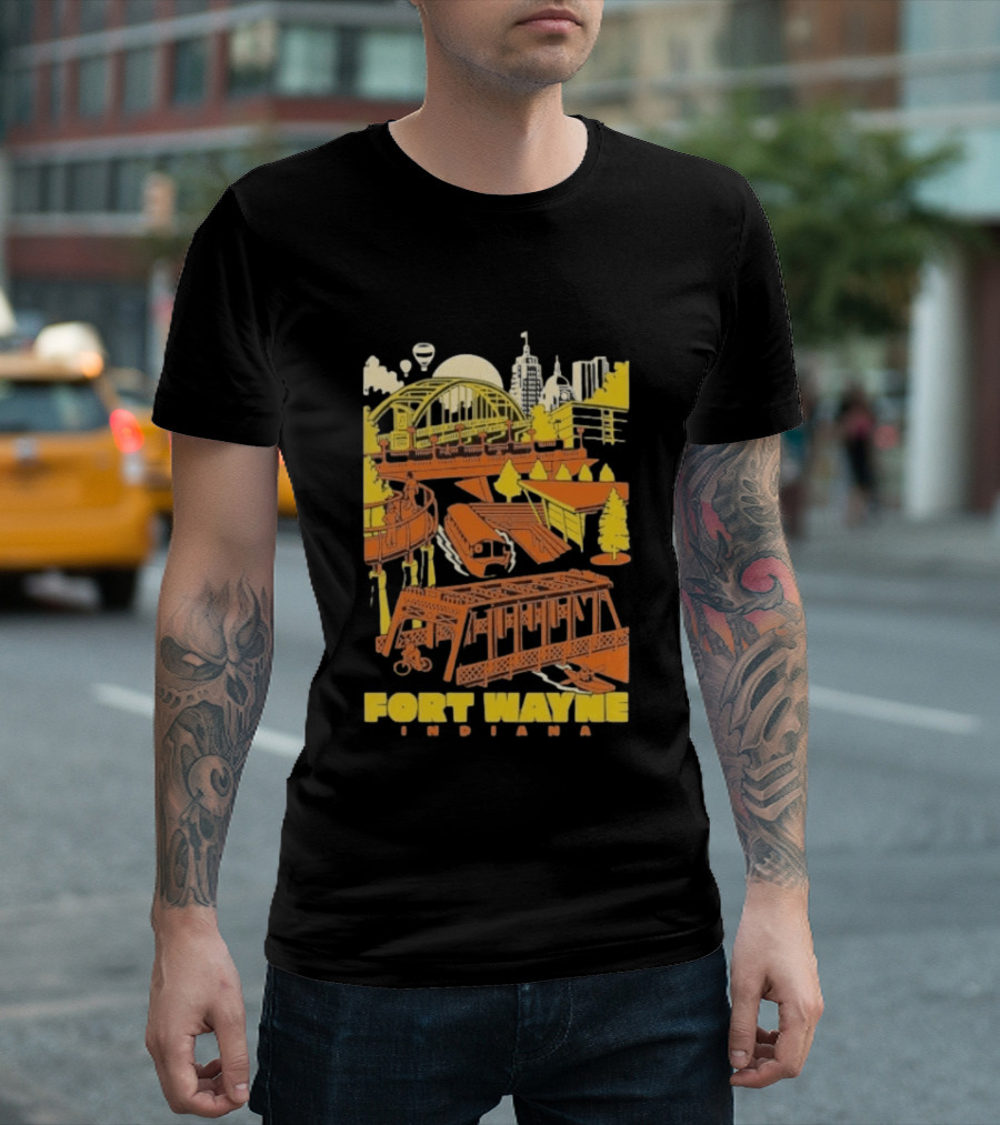 Fort Wayne Indiana Riverfront Yellow Orange Skyline And Bridges T-Shirt