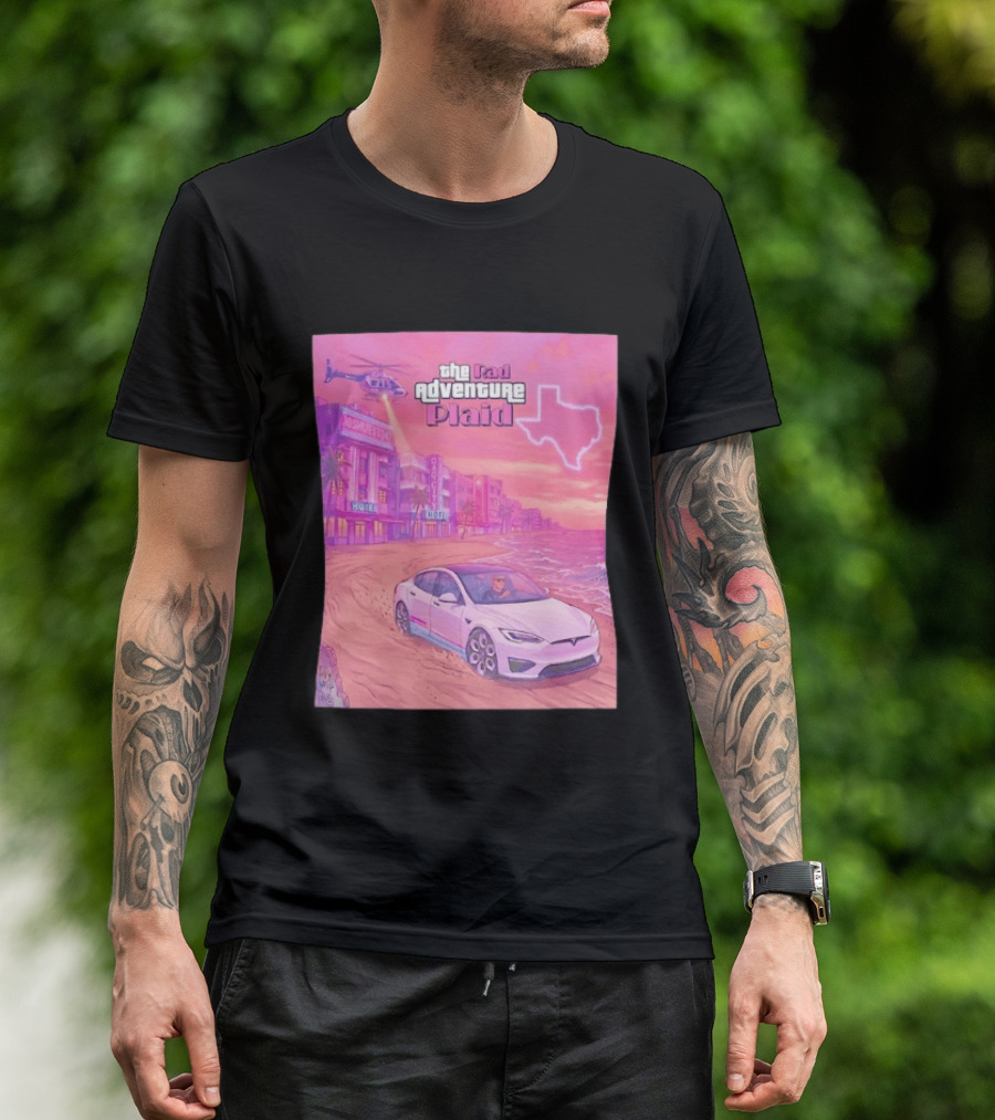 Rad Adventure Plaid Tesla Beach Gag City Joshwest247 Texas Neon Helicopter T-Shirt