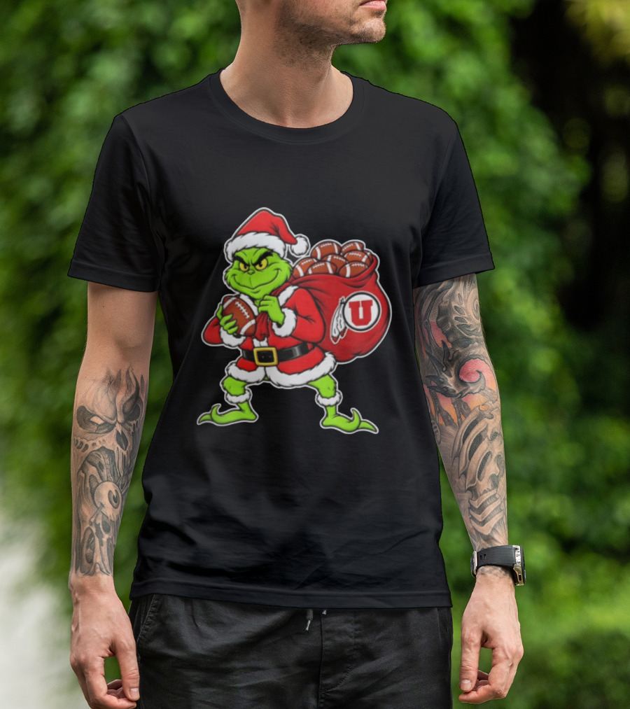 Santa Grinch Utah Utes With Chiefs Footballs Christmas T-Shirt