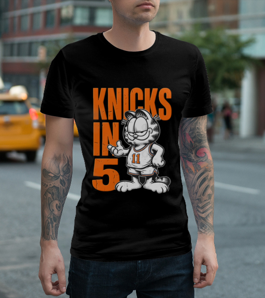 Knicks In 5 Cartoon Cat Wearing Basketball Jersey T-Shirt
