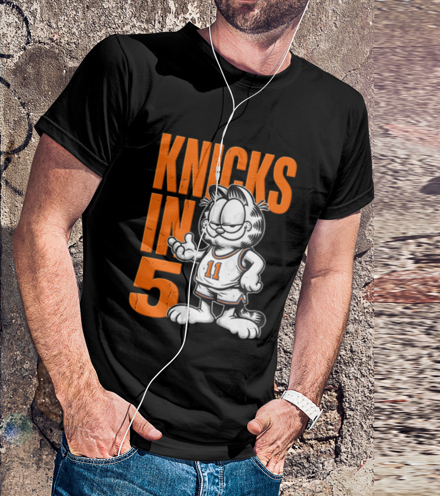 Knicks In 5 Cartoon Cat Wearing Basketball Jersey T-Shirt
