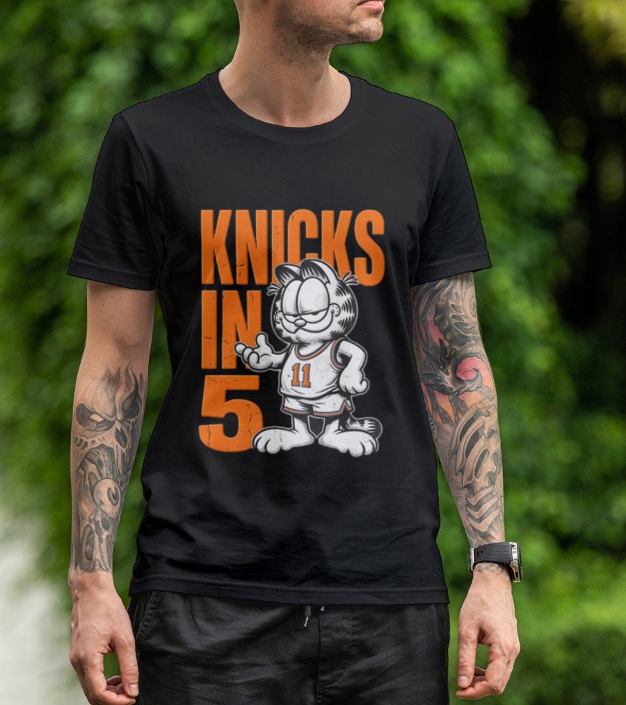 Knicks In 5 Cartoon Cat Wearing Basketball Jersey T-Shirt