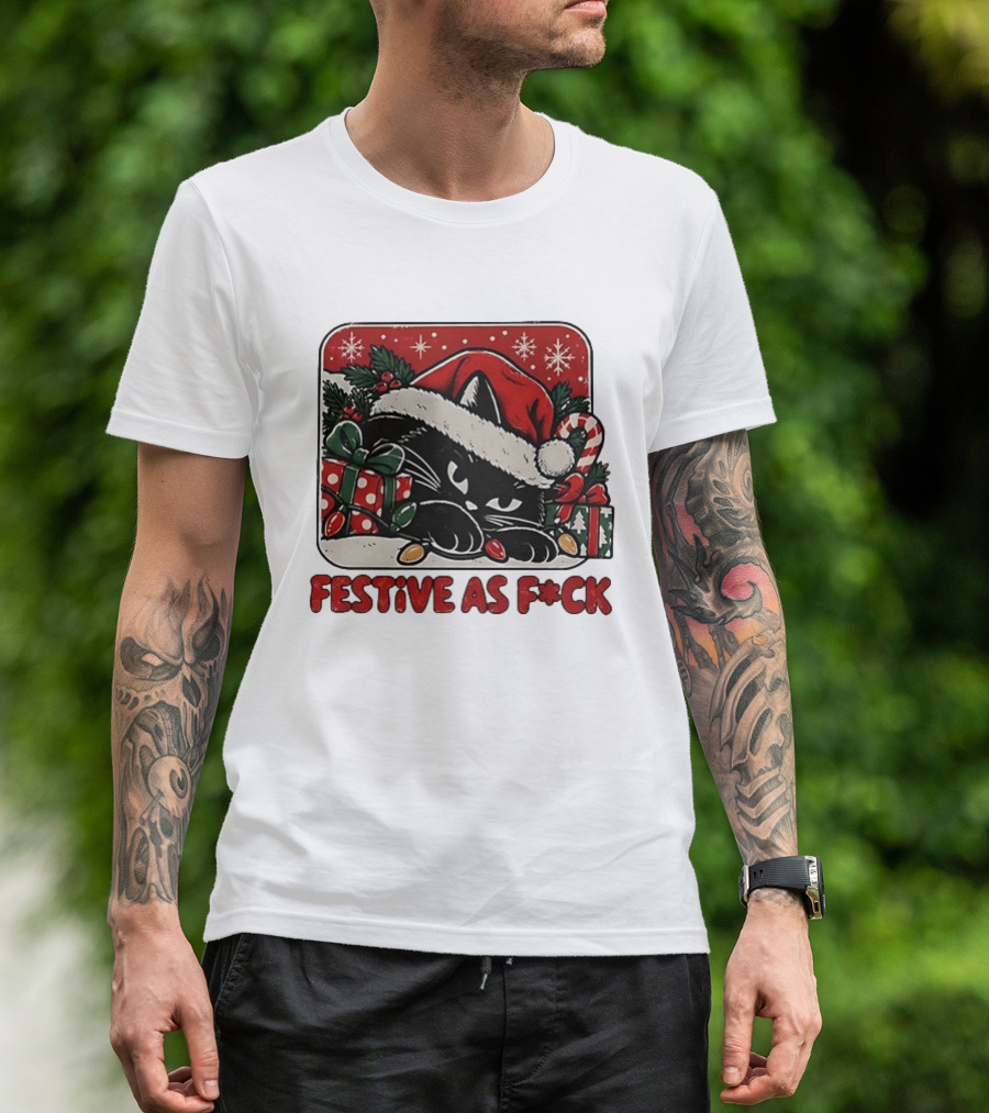 Festive As Fck Cat Christmas Holiday Santa Hat Snowflakes Presents T-Shirt