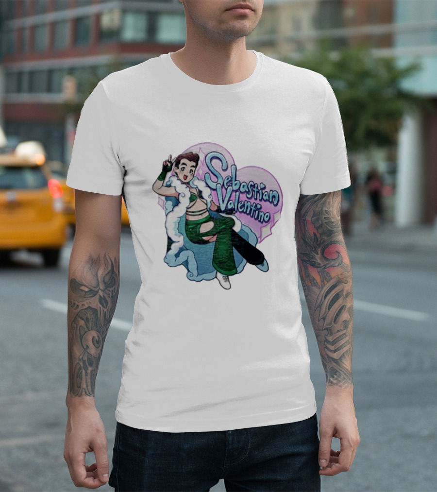 Sebastian Valentino Cartoon Character Peace Pose Sparkling Heart T-Shirt