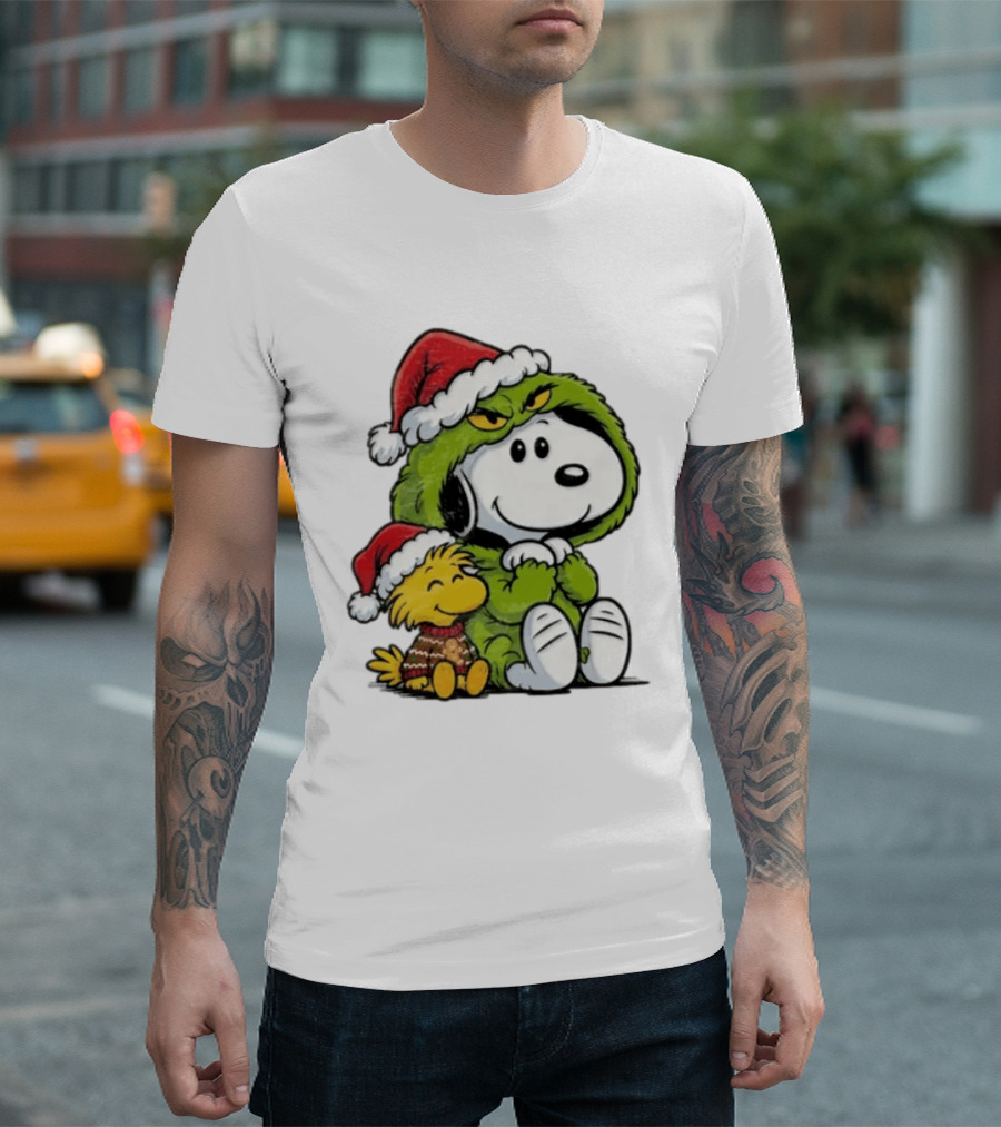 Snoopy And Woodstock In Grinch Costumes With Santa Hats Christmas T-Shirt