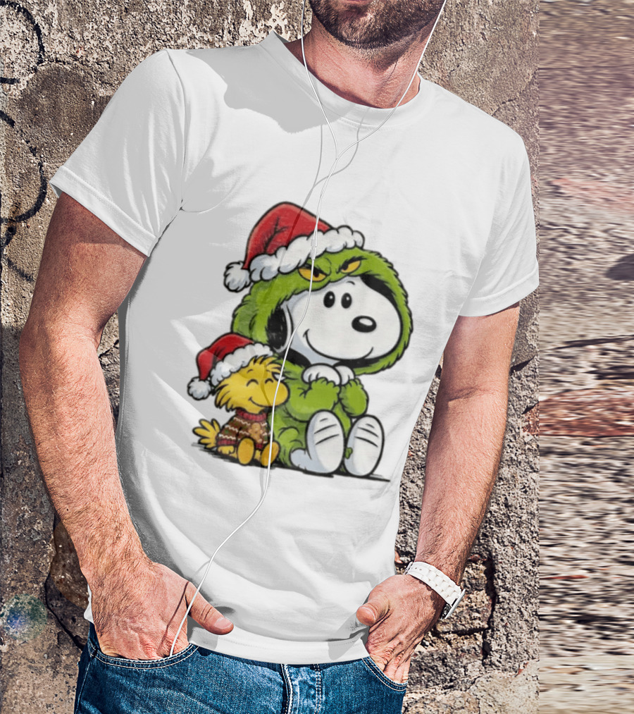 Snoopy And Woodstock In Grinch Costumes With Santa Hats Christmas T-Shirt