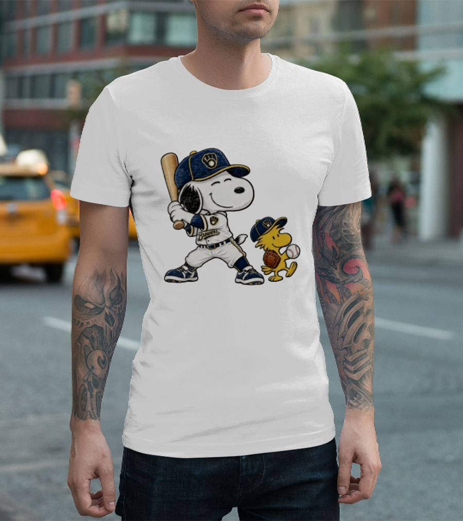 Snoopy Woodstock Milwaukee Brewers Baseball Fan Gear Classic Peanuts Characters T-Shirt