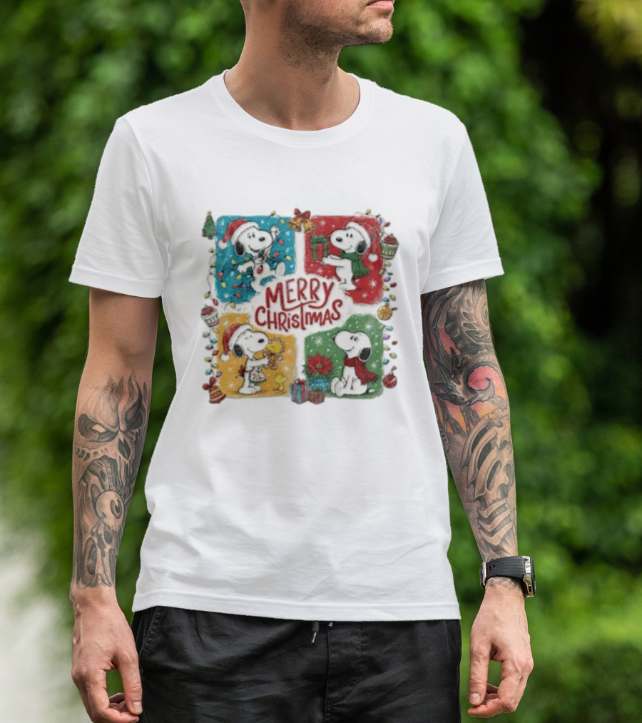 Snoopy Merry Christmas Festive Celebration With Presents And Santa Hat T-Shirt