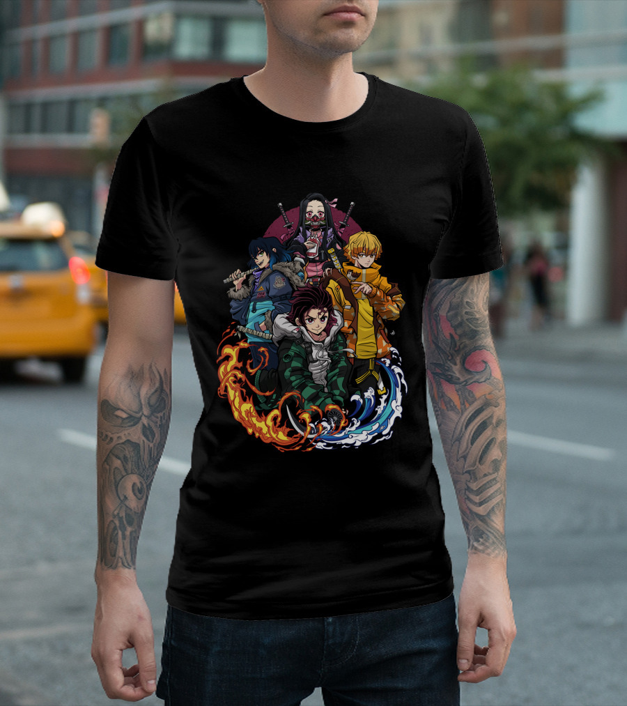 Kimetsu No Yaiba Demon Slayer Tanjiro Nezuko Zenitsu Inosuke Elemental Power Poses T-Shirt