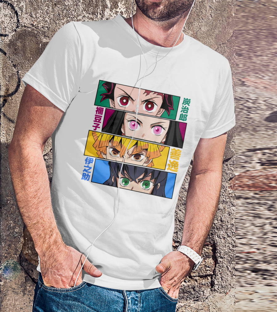Demon Slayer Kimetsu No Yaiba Tanjiro Nezuko Zenitsu Inosuke Character Faces T-Shirt