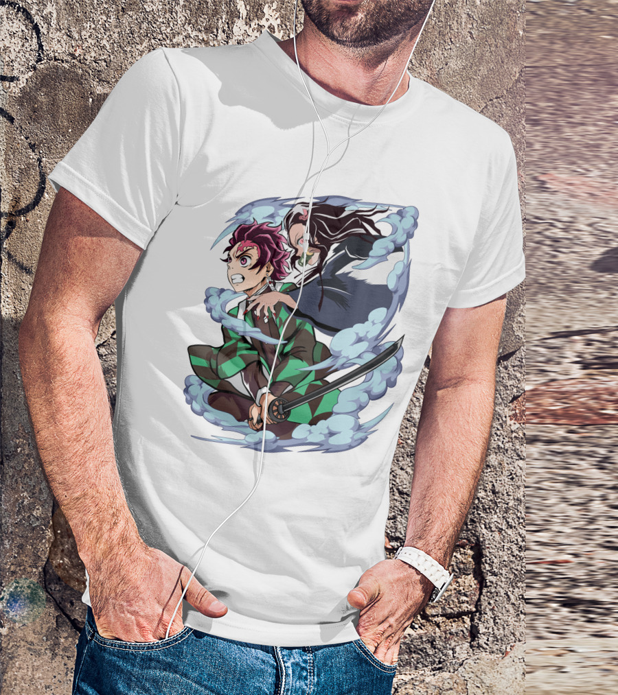 Demon Slayer Kimetsu No Yaiba Tanjiro Nezuko Anime Characters Sword Action Scene T-Shirt