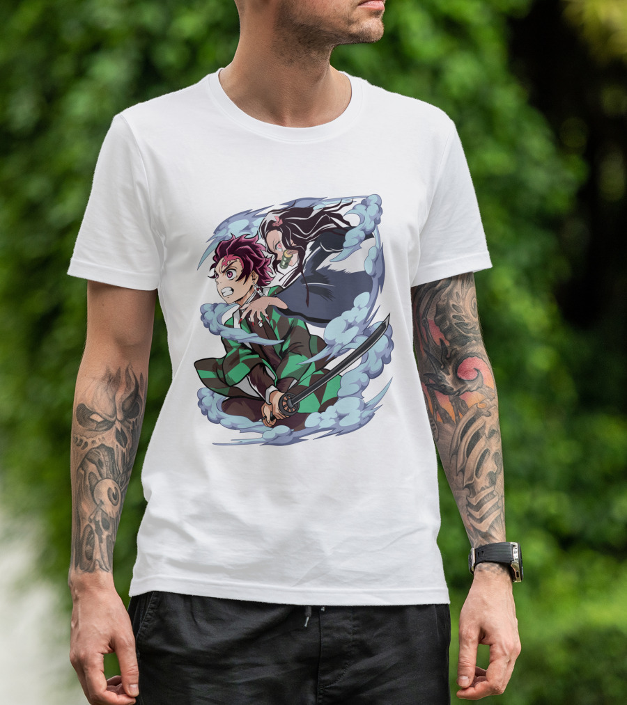 Demon Slayer Kimetsu No Yaiba Tanjiro Nezuko Anime Characters Sword Action Scene T-Shirt