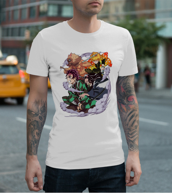 Demon Slayer Kimetsu No Yaiba Tanjiro Nezuko Zenitsu Inosuke Dynamic Action Scene T-Shirt