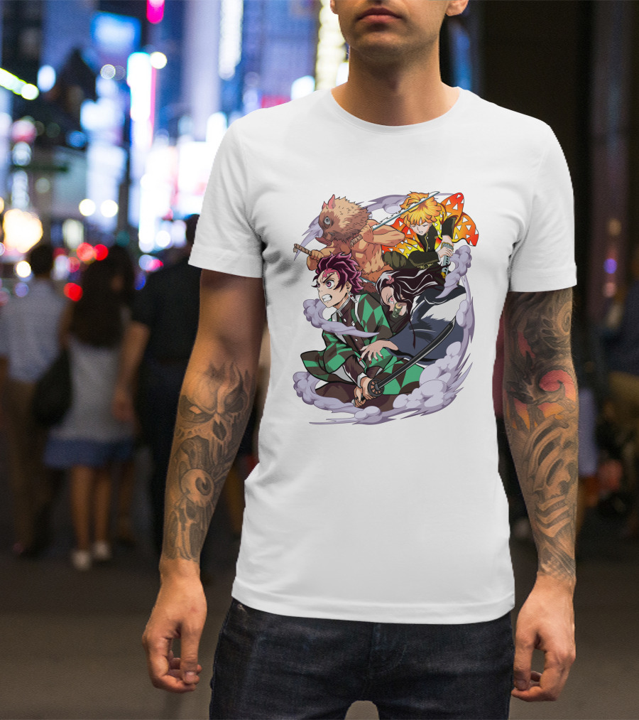 Demon Slayer Kimetsu No Yaiba Tanjiro Nezuko Zenitsu Inosuke Dynamic Action Scene T-Shirt