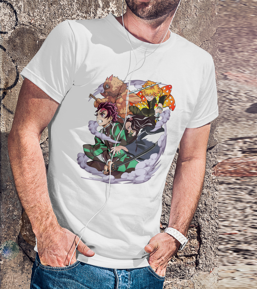 Demon Slayer Kimetsu No Yaiba Tanjiro Nezuko Zenitsu Inosuke Dynamic Action Scene T-Shirt