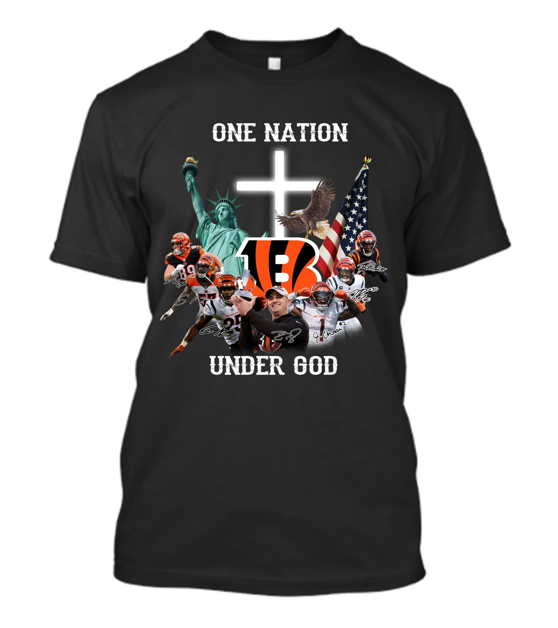 Cincinnati Bengals One Nation Under God Statue Of Liberty American Flag Eagle Football Players T-Shirt