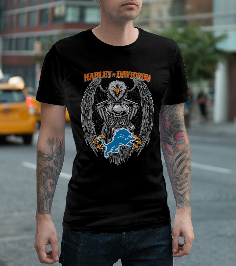 Harley Davidson Eagle Engine With Detroit Lions T-Shirt