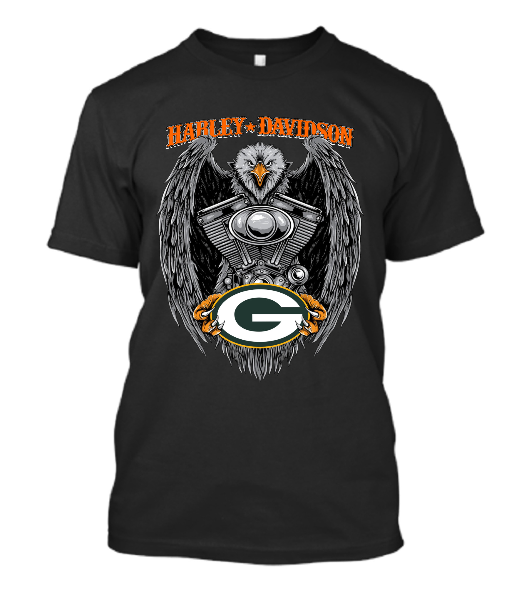 Harley Davidson Eagle V-Twin Engine With Green Bay Packers T-Shirt