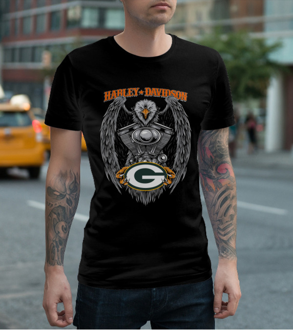 Harley Davidson Eagle V-Twin Engine With Green Bay Packers T-Shirt