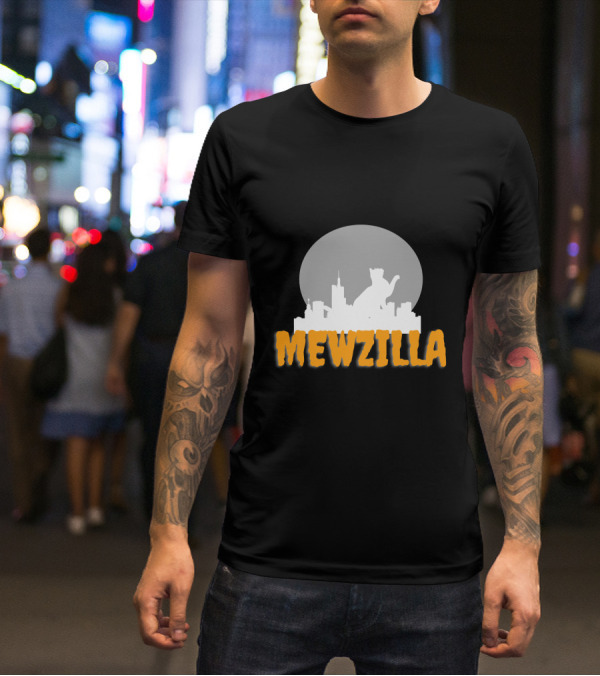 Mewzilla Cat Silhouette Over City Skyline Full Moon T-Shirt