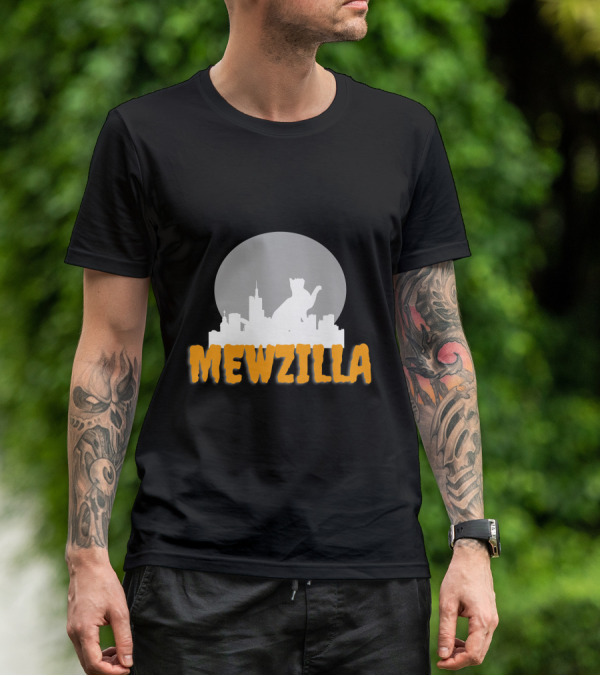 Mewzilla Cat Silhouette Over City Skyline Full Moon T-Shirt