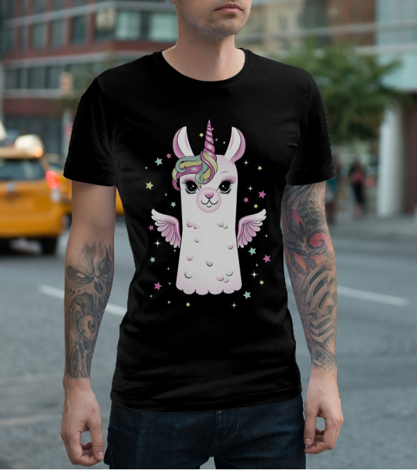 Llama Unicorn With Rainbow Mane And Wings Surrounded By Stars T-Shirt