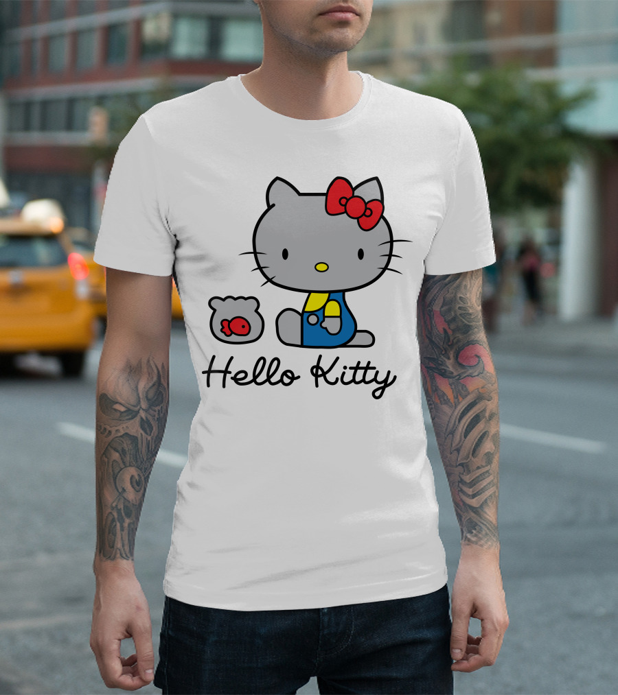 Hello Kitty Gray Cat with Red Bow and Fish Bowl T-Shirt