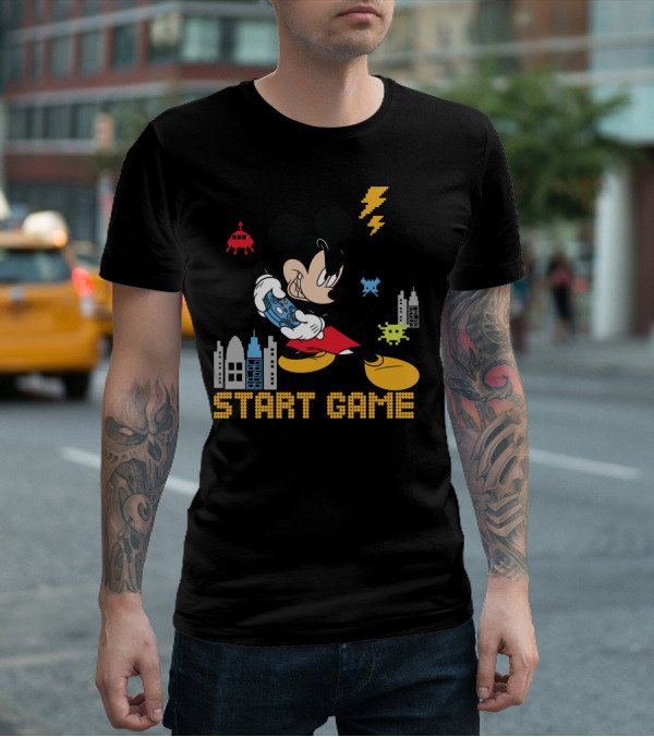 Mickey Holding Controller Retro Gaming City Start Game T-Shirt