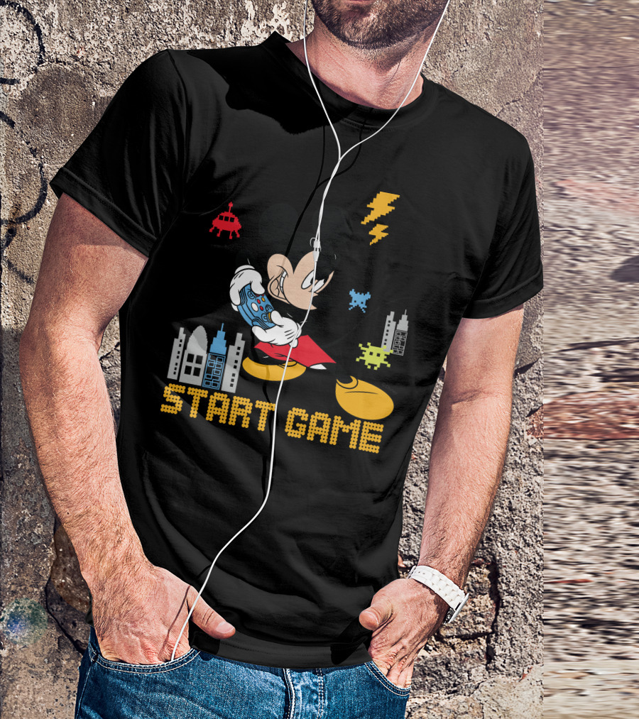 Mickey Holding Controller Retro Gaming City Start Game T-Shirt