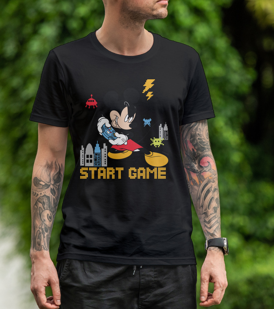 Mickey Holding Controller Retro Gaming City Start Game T-Shirt