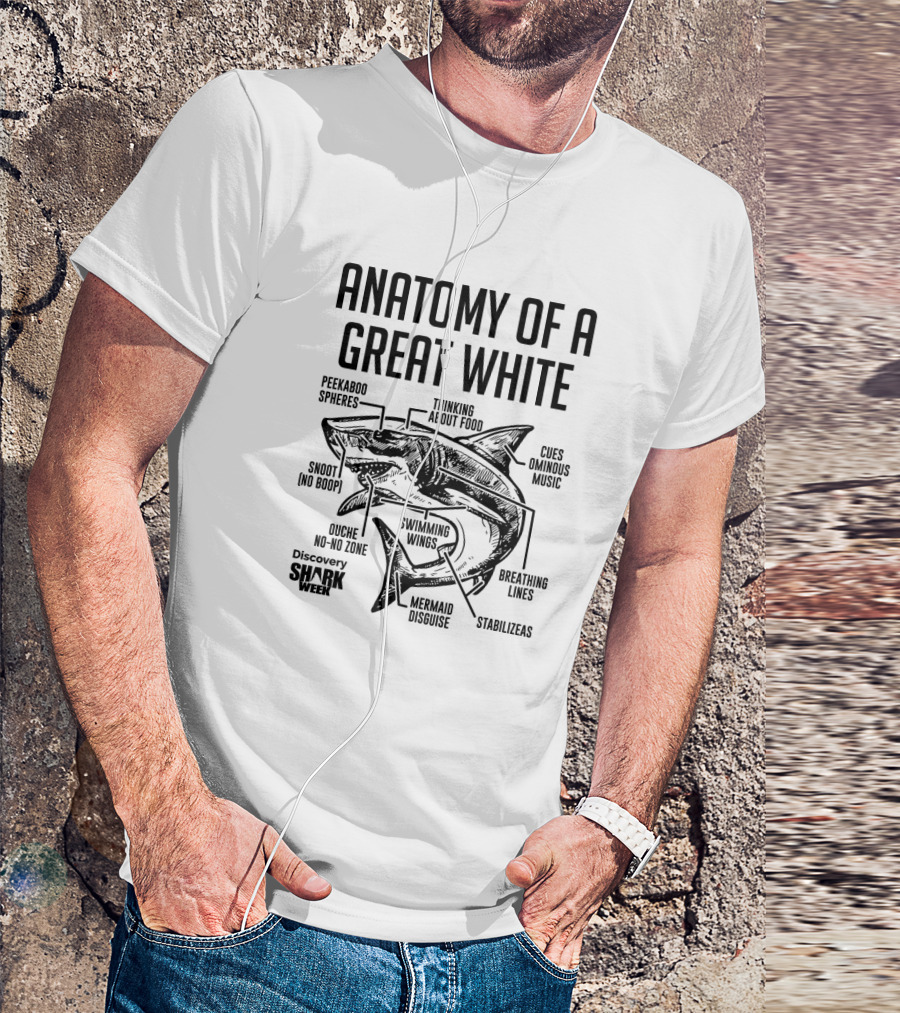 Anatomy Of A Great White Shark Thinking About Food Discovery Shark Week Peekaboo Spheres Mermaid Disguise Cues Ominous Music T-Shirt