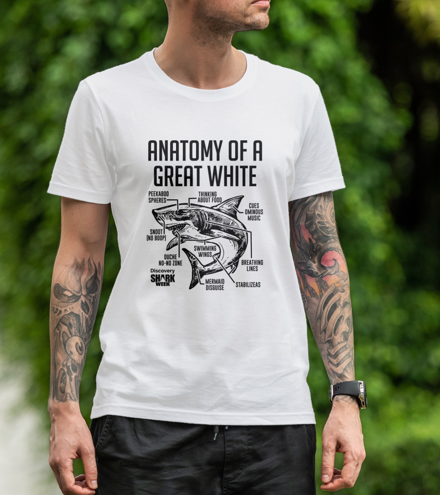 Anatomy Of A Great White Shark Thinking About Food Discovery Shark Week Peekaboo Spheres Mermaid Disguise Cues Ominous Music T-Shirt