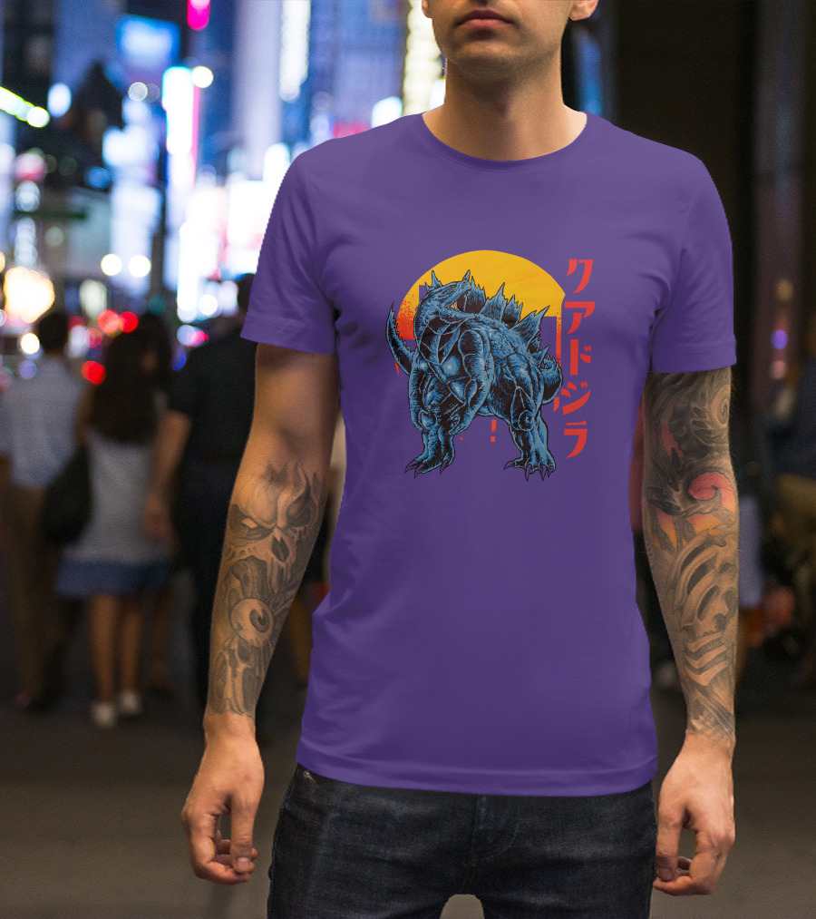 Raging Tobey Raskolapparel Quadzilla Kaiju Monster Retro Sunset Kanji T-Shirt