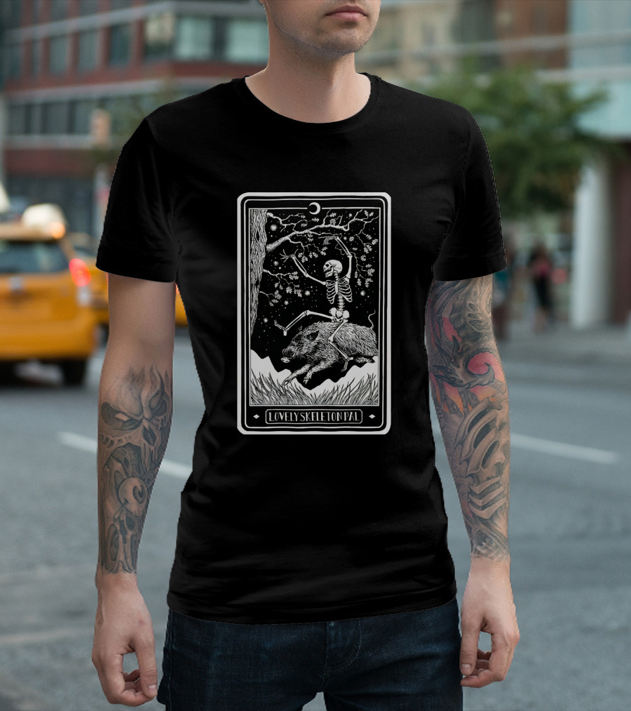 Lovely Skeleton Pal Johnny Chiodini Ever Press Store Merch Riding Wild Boar In Starry Night Scene T-Shirt