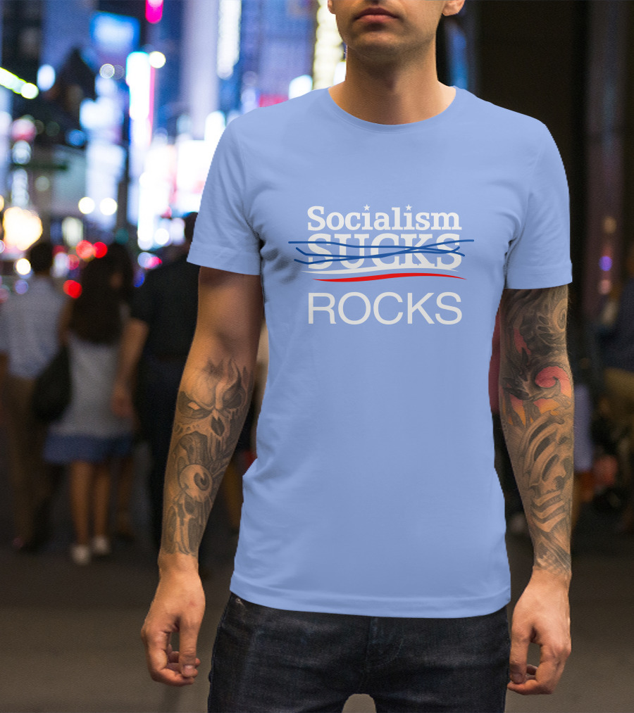 Socialism Rocks Blue Text Design With Stars And Strikethrough Line T-Shirt